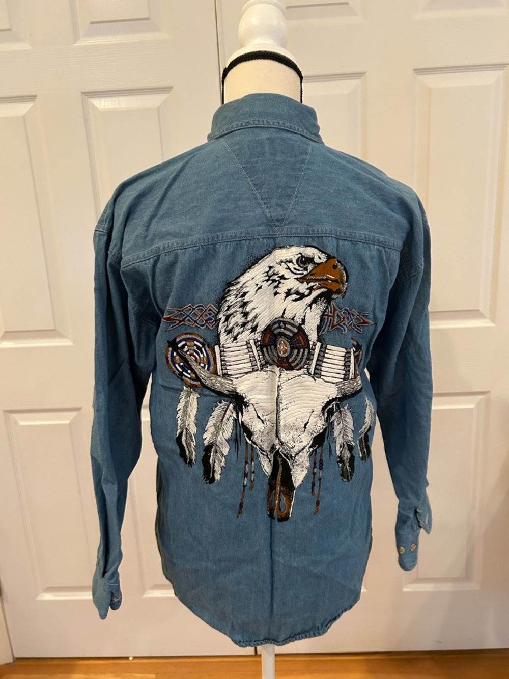 Embroidered Eagle & Skull Denim Button-Down Shirt - Blue